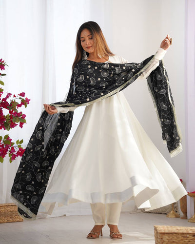 Elegant White Vichitra Silk Anarkali Set With Black Embroidered Dupatta