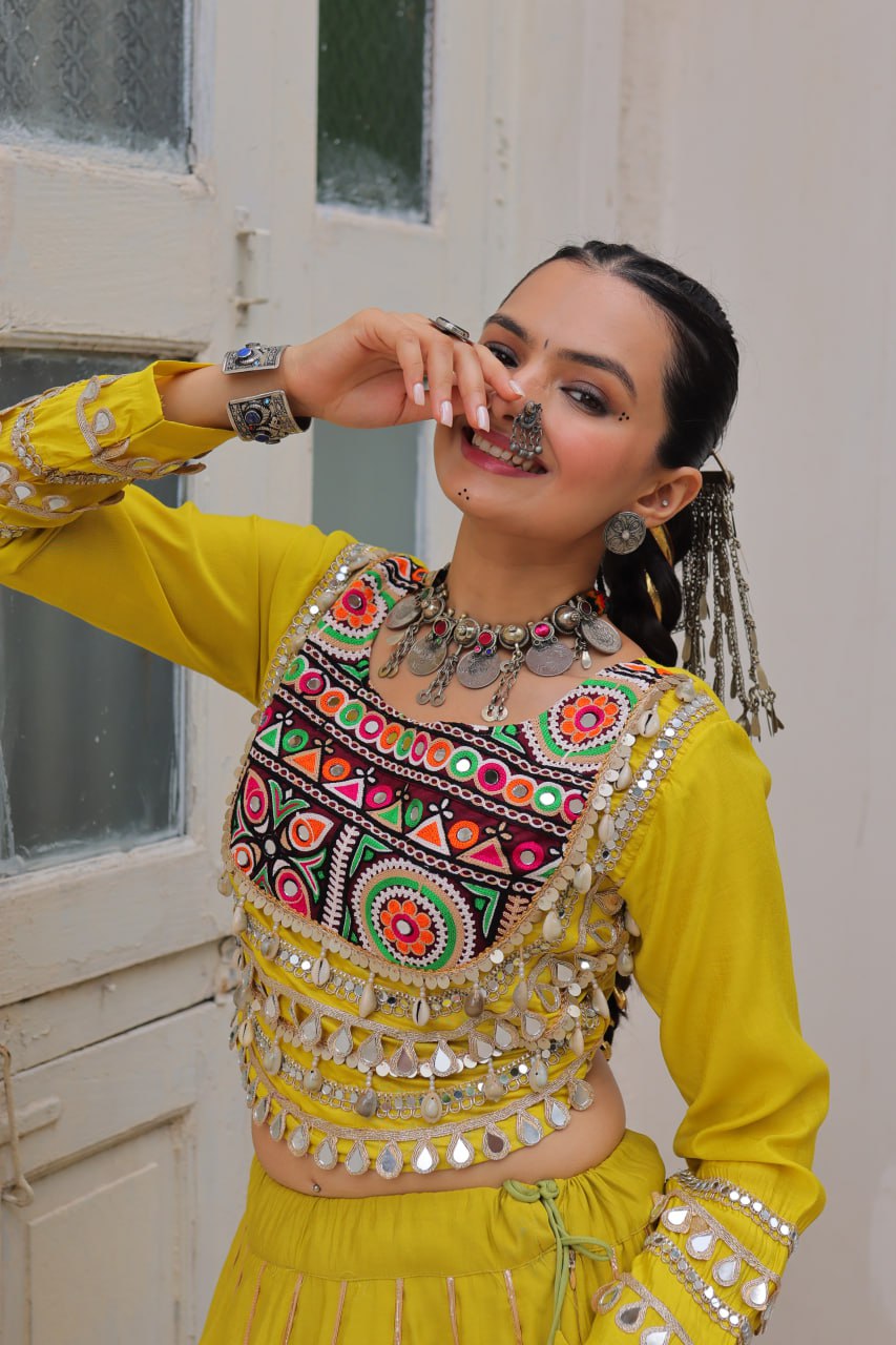 Designer Lehenga With Kutchi Gamthi Embroidered Blouse And Mirror Work