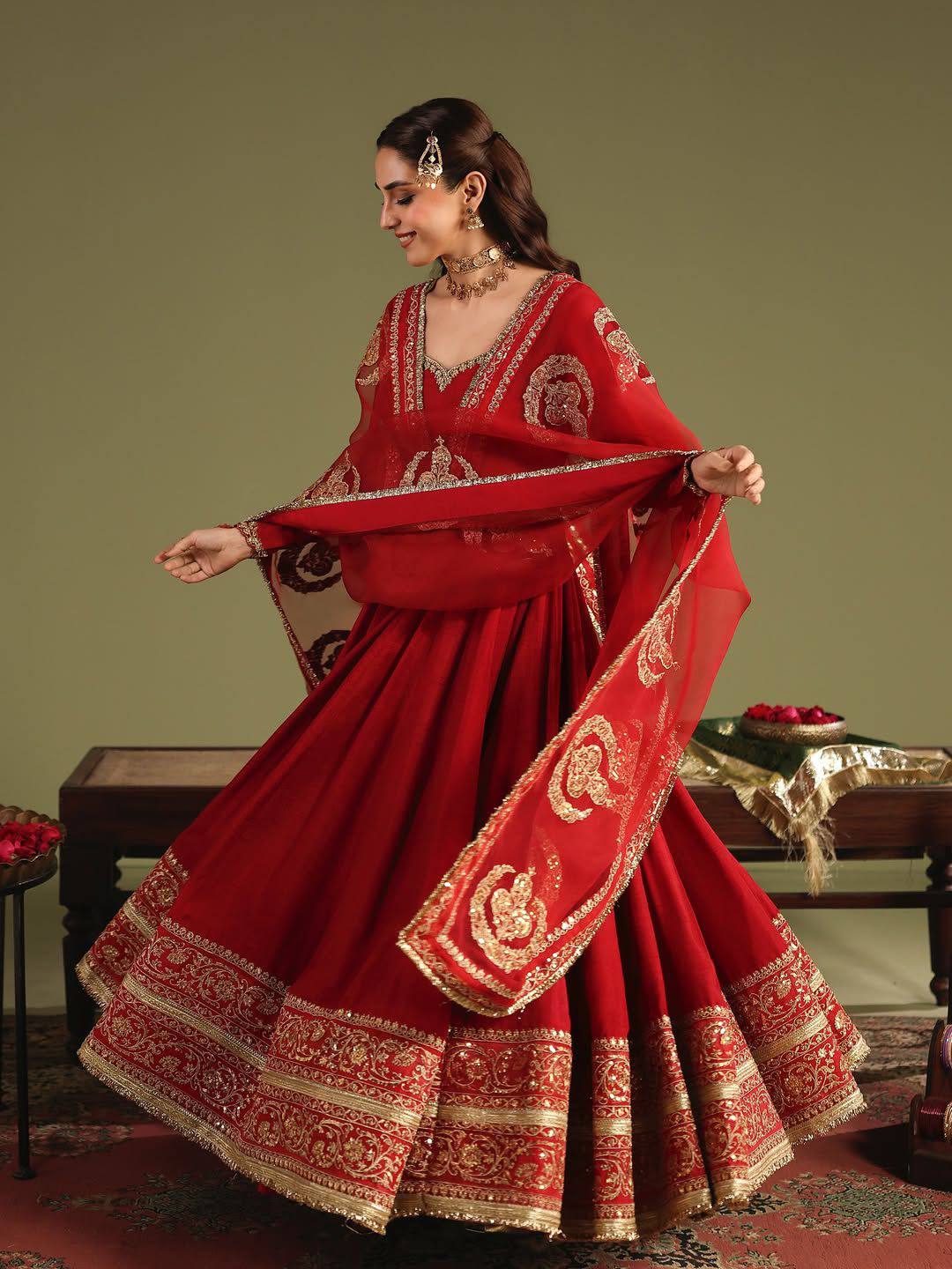 Royal Red Zari Embroidered Anarkali Gown Set With Dupatta