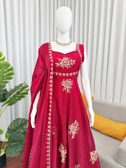 Floral Embroidered Sleeveless Anarkali Gown With Dupatta Set