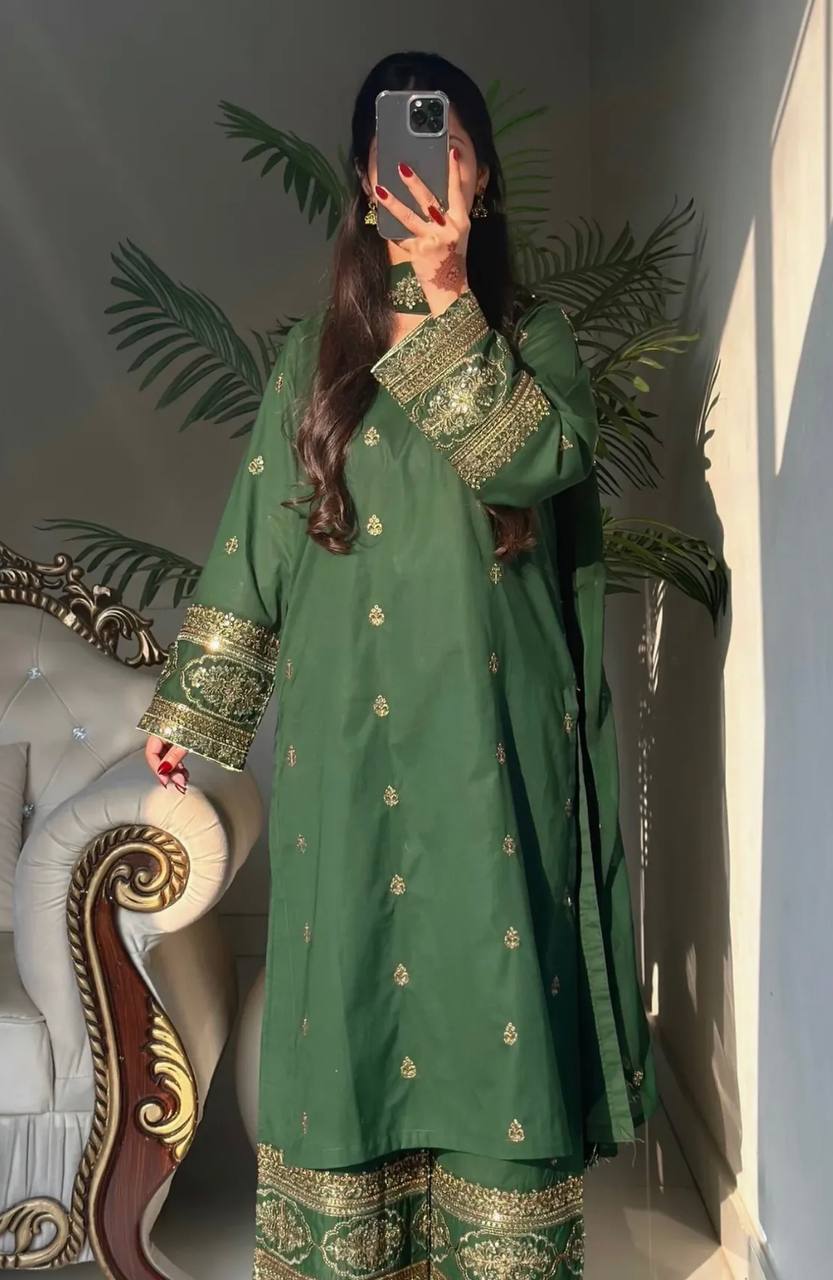Green Embroidered Silk Kurti With Matching Sharara And Dupatta
