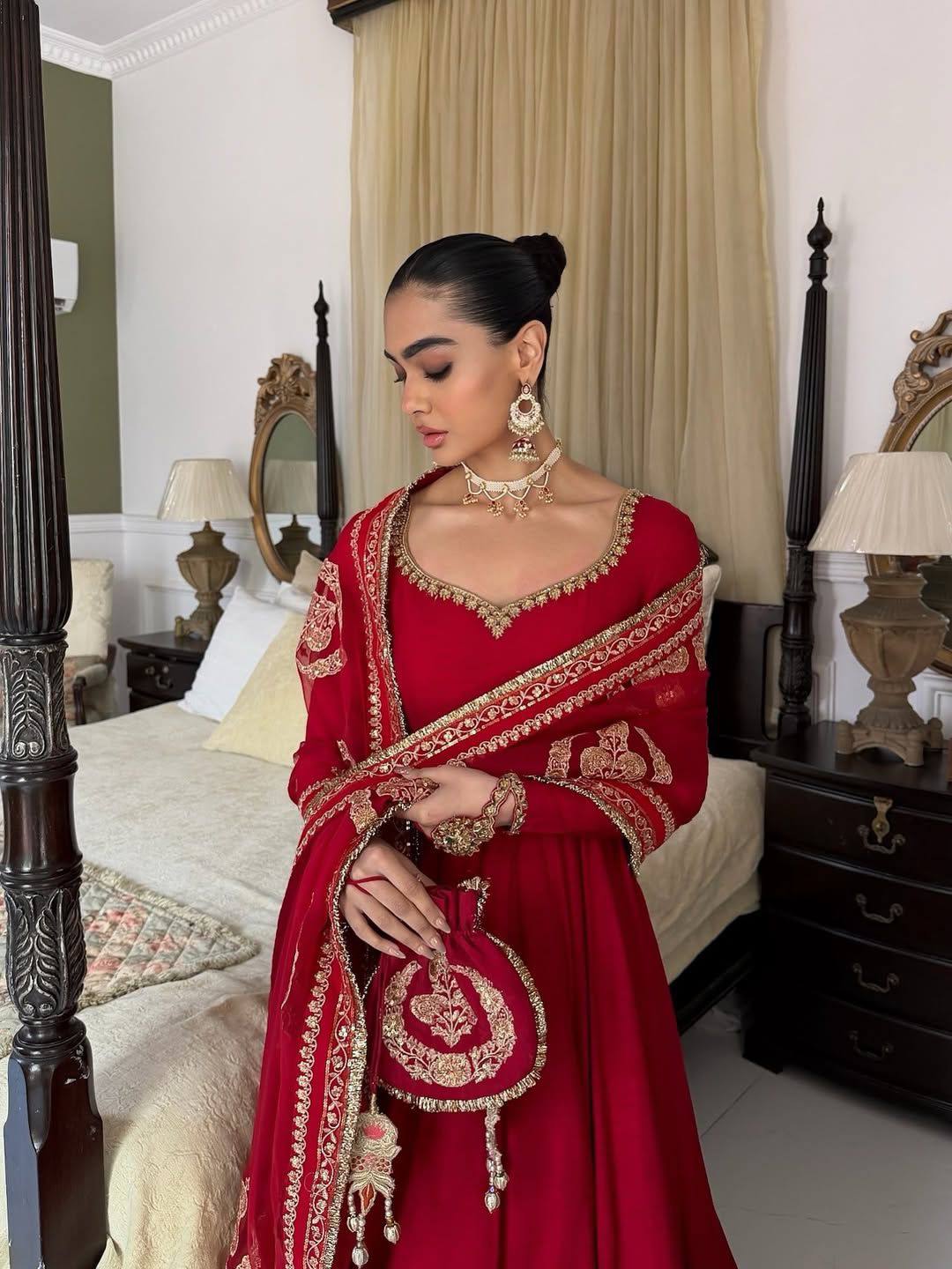 Royal Red Zari Embroidered Anarkali Gown Set With Dupatta