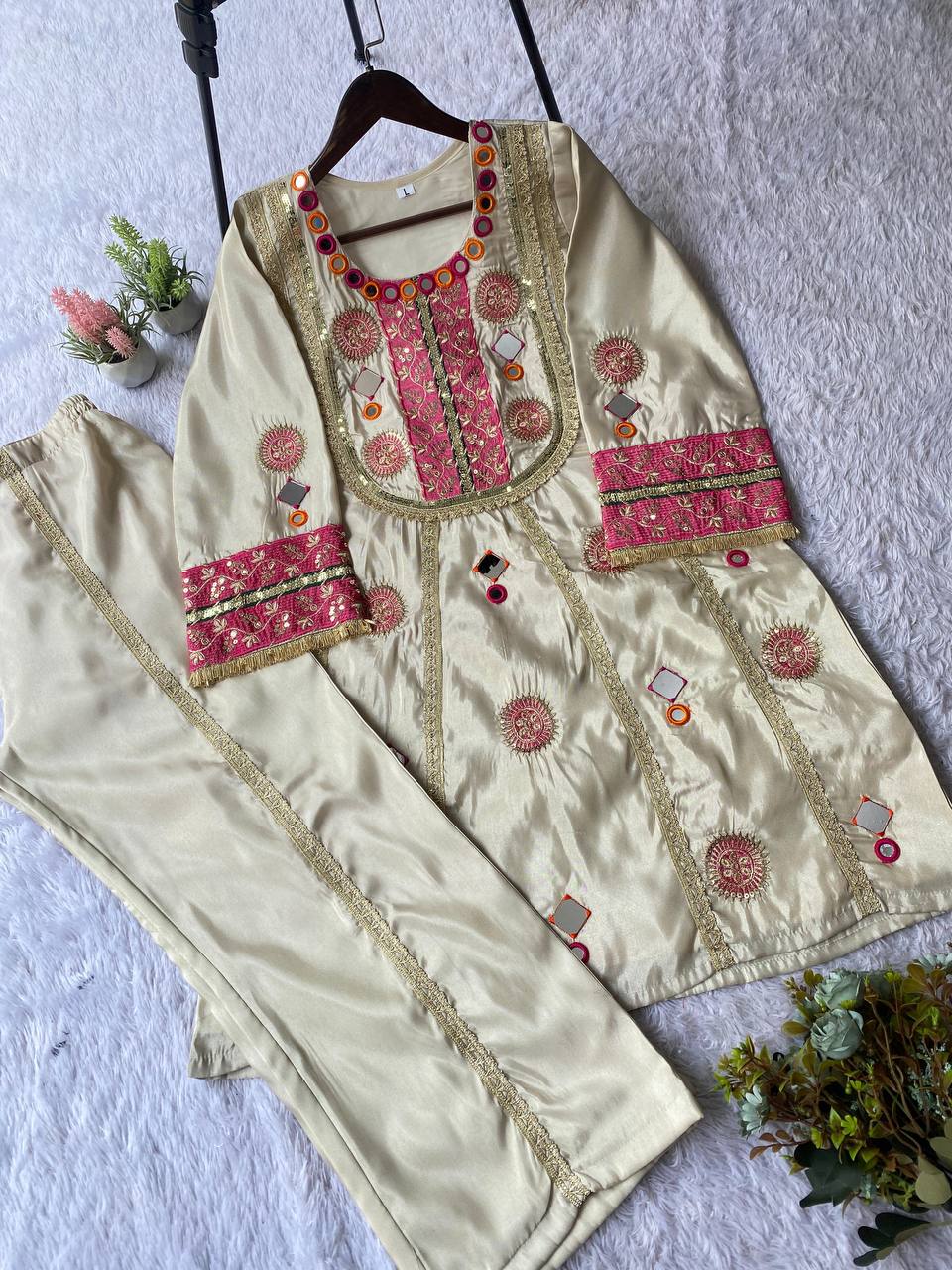 Ivory Mirror And Gota Patti Embroidered Co-ord Set With Potli Bag
