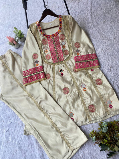 Ivory Mirror And Gota Patti Embroidered Co-ord Set With Potli Bag