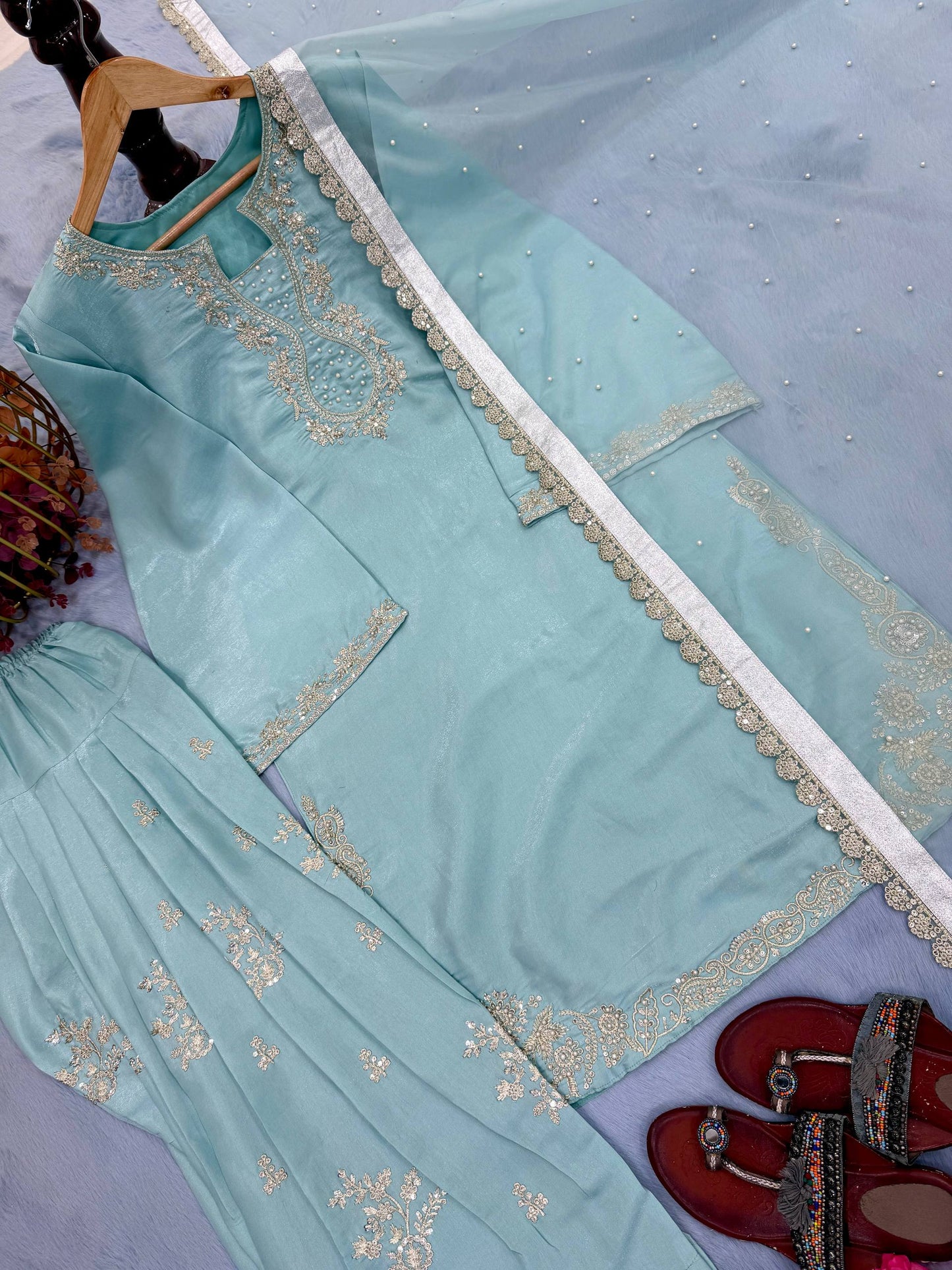 Light Blue Embroidered Moti Work Suit With Dupatta
