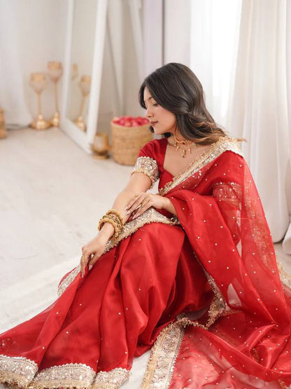 Red Fandy Satin Saree With Gold Embroidery And Mirror Work