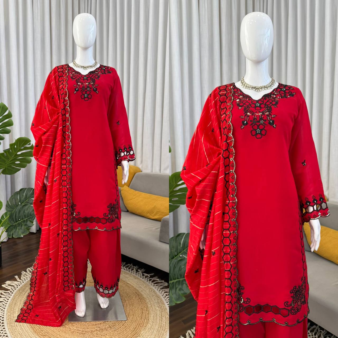 Red And White Cutwork Embroidered Straight Kurta Palazzo Set With Dupatta