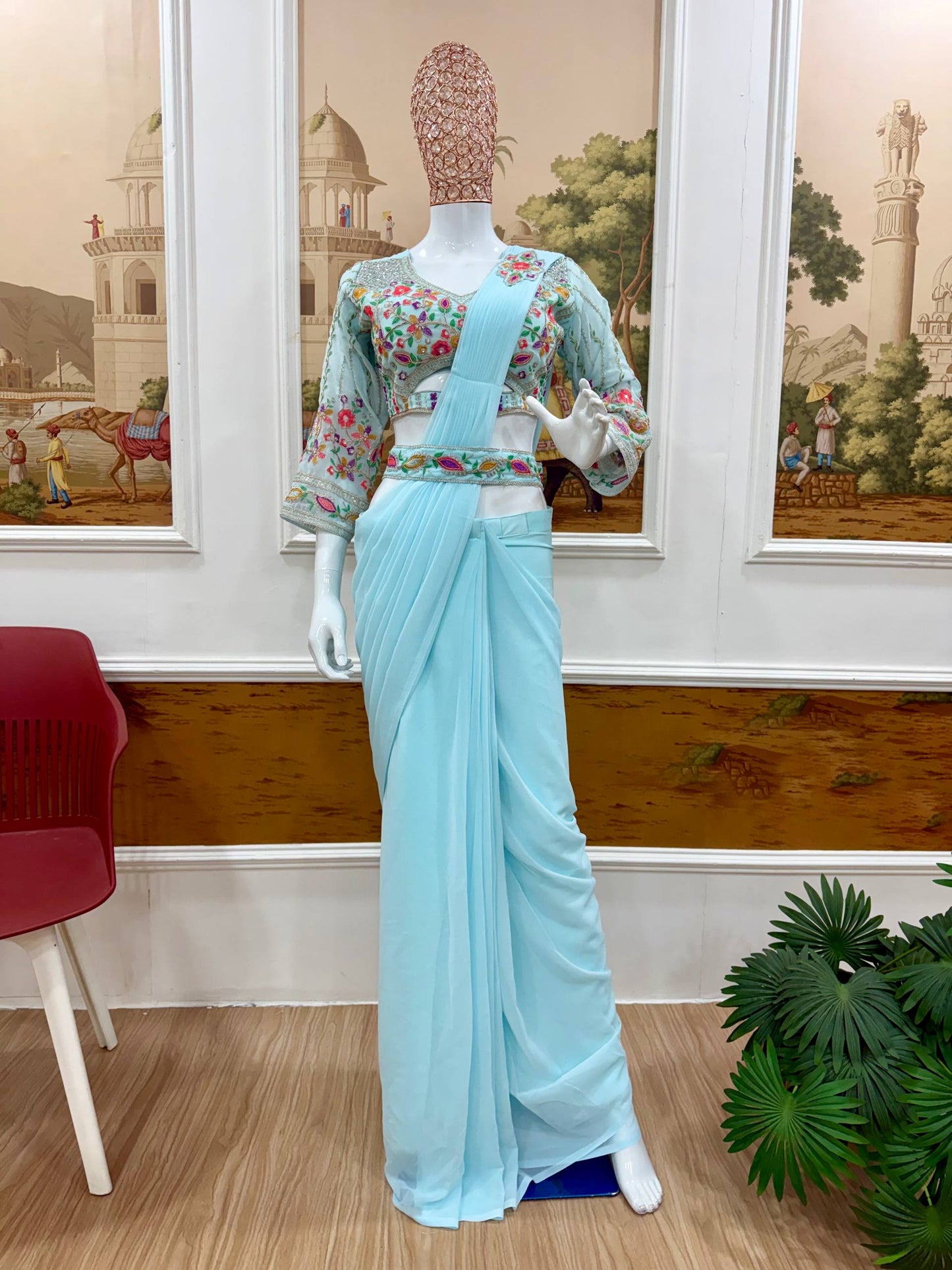 Draped Ready-To-Wear Light Blue Saree With Embroidered Floral Blouse