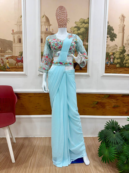 Draped Ready-To-Wear Light Blue Saree With Embroidered Floral Blouse